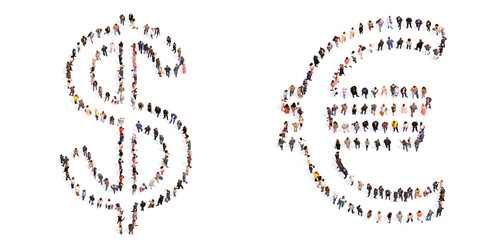 Conceptual large community of people forming the dollar and euro symbols. 3d illustration metaphor for unity and diversity, humanitarian, teamwork, cooperation, education, friendship and community