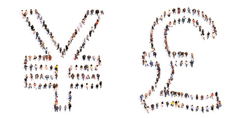 Concept or conceptual large community of people forming the ¥ and £ symbols. 3d illustration metaphor for unity and diversity, humanitarian, teamwork, cooperation, education, friendship and community