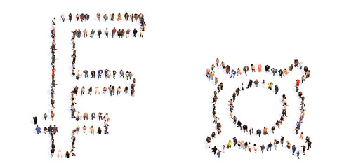 Conceptual large community of people forming the ¤ and french franck symbols. 3d illustration metaphor for unity and diversity, humanitarian, teamwork, cooperation, education, friendship and community