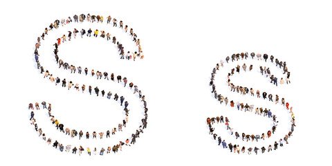 Concept or conceptual large community of people forming the font S. 3d illustration metaphor for unity and diversity, humanitarian, teamwork, cooperation, education, friendship and community