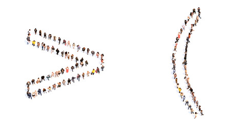 Conceptual large community of people forming the greater and ( signs. 3d illustration metaphor for unity and diversity, humanitarian, teamwork, cooperation, education, friendship and community