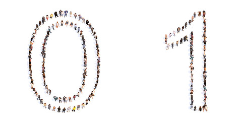 Concept or conceptual large community of people forming the fonts 0 and 1.  3d illustration metaphor for unity and diversity, humanitarian, teamwork, cooperation, education, friendship and community