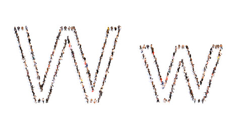Concept or conceptual large community of people forming the font W. 3d illustration metaphor for unity and diversity, humanitarian, teamwork, cooperation, education, friendship and community