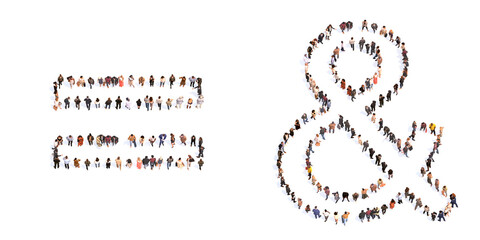Conceptual large community of people forming the equal and ampersand signs. 3d illustration metaphor for unity and diversity, humanitarian, teamwork, cooperation, education, friendship and community