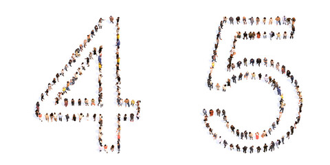 Concept or conceptual large community of people forming the fonts 4 and 5.  3d illustration metaphor for unity and diversity, humanitarian, teamwork, cooperation, education, friendship and community