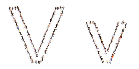 Concept or conceptual large community of people forming the font V. 3d illustration metaphor for unity and diversity, humanitarian, teamwork, cooperation, education, friendship and community