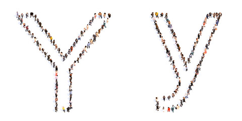 Concept or conceptual large community of people forming the font Y. 3d illustration metaphor for unity and diversity, humanitarian, teamwork, cooperation, education, friendship and community