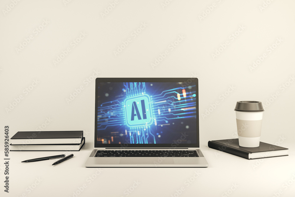 Poster Modern computer monitor with creative artificial Intelligence icon. Neural networks and machine learning concept. 3D Rendering
