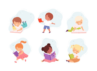 Little Boy and Girl Enjoying Reading Book and Fiction Story Vector Set