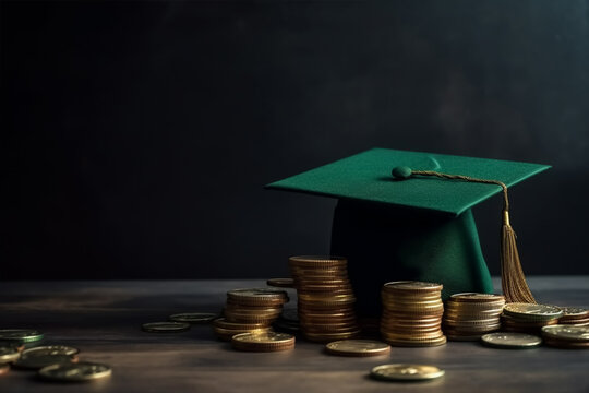 A green graduation cap sits on a table with stacks of gold coins on it.