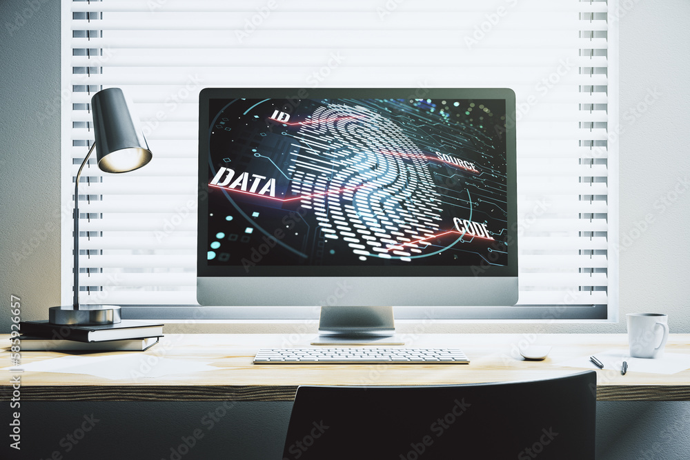 Aufkleber Abstract creative fingerprint hologram on modern computer monitor, protection of personal information concept. 3D Rendering