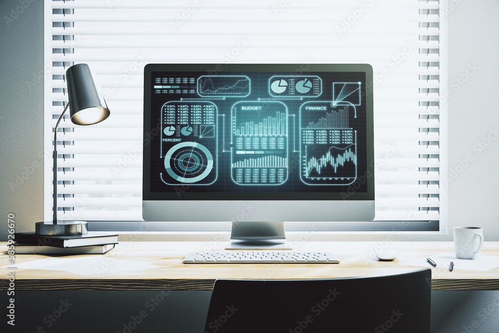 Poster stats data illustration on modern laptop monitor, computing and analytics concept. 3d rendering