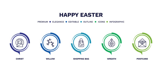 set of happy easter thin line icons. happy easter outline icons with infographic template. linear icons such as christ, willow, shopping bag, wreath, postcard vector.