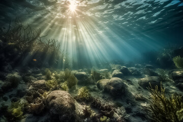 View underwater to surface ocean, sunbeam penetrate through the top layer of the ocean, illustration. Generative AI. Undersea, marine, world ocean, nature and water, image