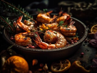 Fototapeta na wymiar Grilled Succulent Shrimps in 5-Star Kitchen with Gorgeous Bokeh Background using Generative AI