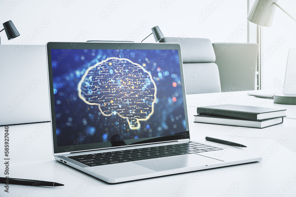 Poster modern computer monitor with creative artificial intelligence symbol. neural networks and machine le