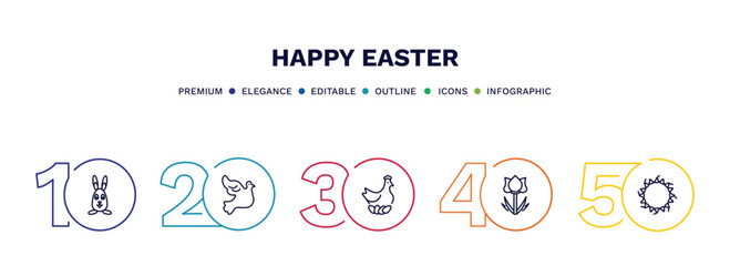 set of happy easter thin line icons. happy easter outline icons with infographic template. linear icons such as easter bunny, dove, chicken, tulip, crown of throns vector.