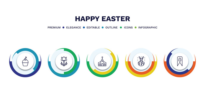 set of happy easter thin line icons. happy easter outline icons with infographic template. linear icons such as pie, tulip, church, happy easter, banner vector.