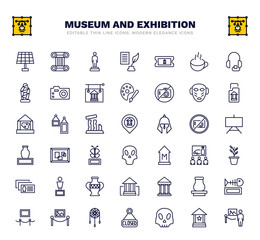 set of museum and exhibition thin line icons. museum and exhibition outline icons such as panel, statue, museum ticket, african mask, map, pop art, botanical, antic architecture, dreamcatcher
