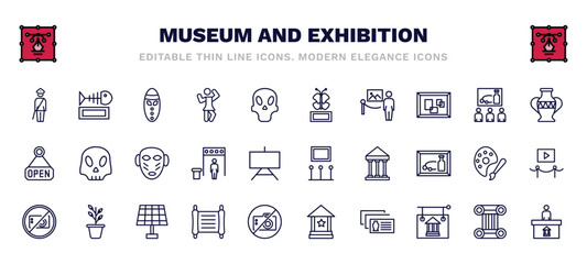 set of museum and exhibition thin line icons. museum and exhibition outline icons such as security guard, mask, butterfly, porcelain, african mask, exhibition, no photo, paper scroll, postcards,