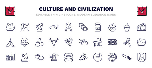 set of culture and civilization thin line icons. culture and civilization outline icons such as gazpacho, kankles, ajotomate, goat cheese, dumplings, mantecados, bo kaap, pico cao, ruble,