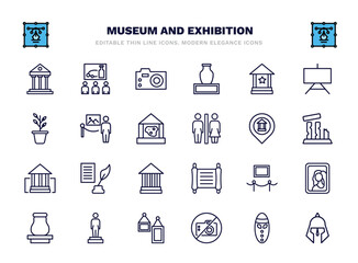 set of museum and exhibition thin line icons. museum and exhibition outline icons such as museum building, photographic, cinema, excursion, map, poetry, exhibit, statue, no photo, roman or greek