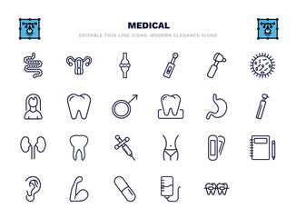 set of medical thin line icons. medical outline icons such as intestines, knee, otoscope, premolar, molar, kidneys, fit, ear, pill, braces vector.