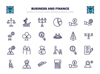 set of business and finance thin line icons. business and finance outline icons such as scale in balance, increase team work, pound coin on hands, club card, stats pyramid, nails, dollar business