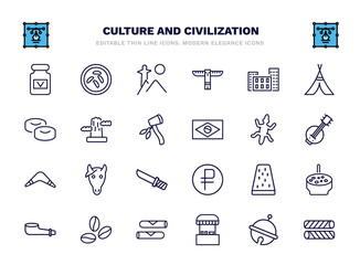 set of culture and civilization thin line icons. culture and civilization outline icons such as vegemite, rio de janeiro, bo kaap, pico cao, gecko top view shape, horse head, turron, coffee grains,