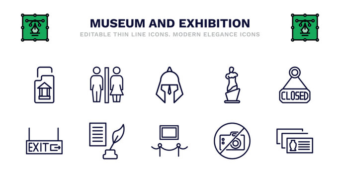 set of museum and exhibition thin line icons. museum and exhibition outline icons such as restroom, roman or greek helmet, venus de milo, closed, exit, exit, poetry, exhibit, no photo, postcards