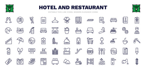 set of hotel and restaurant thin line icons. hotel and restaurant outline icons such as champagne, servant, bathrobe, wine menu, smoking, do not disturb, hotel, towels, barbershop vector.