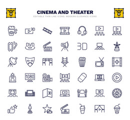 set of cinema and theater thin line icons. cinema and theater outline icons such as popcorn box, film negatives, headphone, cinema audience, director film chair, 1080p hd tv, big play button, red