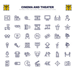 set of cinema and theater thin line icons. cinema and theater outline icons such as hd, movie roll, flat tv, papper cup with straw, parental guidance, movie microphone, old projector, cameraman, hd