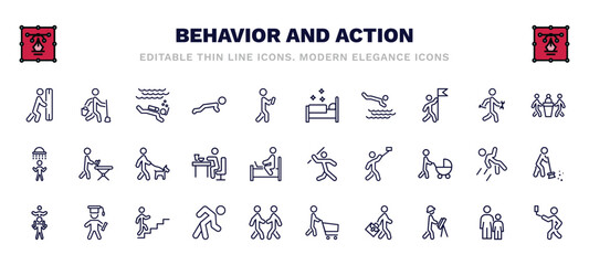 set of behavior and action thin line icons. behavior and action outline icons such as man pushing, man diving, making the bed, three men conference, walking the dog, man throwing javelin, piggyback