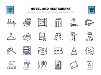 set of hotel and restaurant thin line icons. hotel and restaurant outline icons such as reception, bunk, hammock, room service, doorknob, vending hine, hot stones, lotion, cookbook, menu vector.
