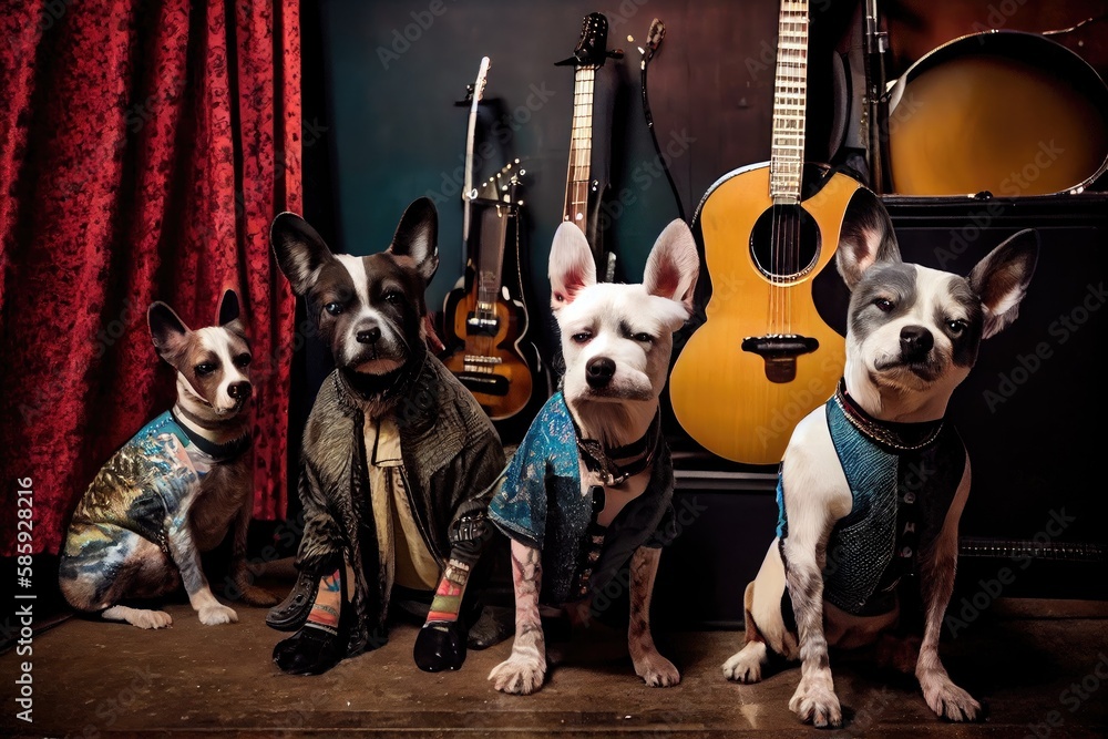 Canvas Prints rock star dog band poses for photos backstage before their big show., created with generative ai