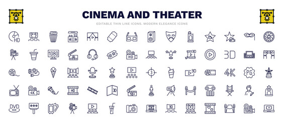 set of cinema and theater thin line icons. cinema and theater outline icons such as hd dvd, popcorn bag, camera lens, big play button, movie countdown, film negatives, movie billboard, 1080p full