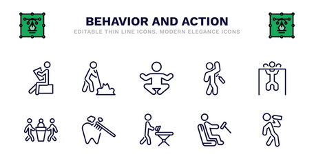 set of behavior and action thin line icons. behavior and action outline icons such as man digging, yoga position, man spraying deodorant, man lifting bar, three men conference, three men conference,