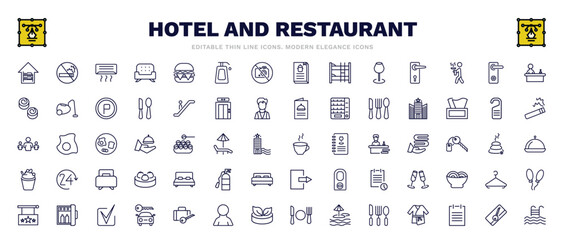 set of hotel and restaurant thin line icons. hotel and restaurant outline icons such as hostel, air conditioner, reception, hotel, coffee, double bed, minibar, key card, pool vector.