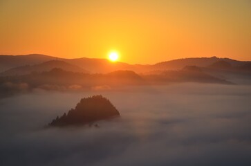 Wonderful morning mountain landscape. Sunrise at the top of Sokolica in Pieniny, Poland.