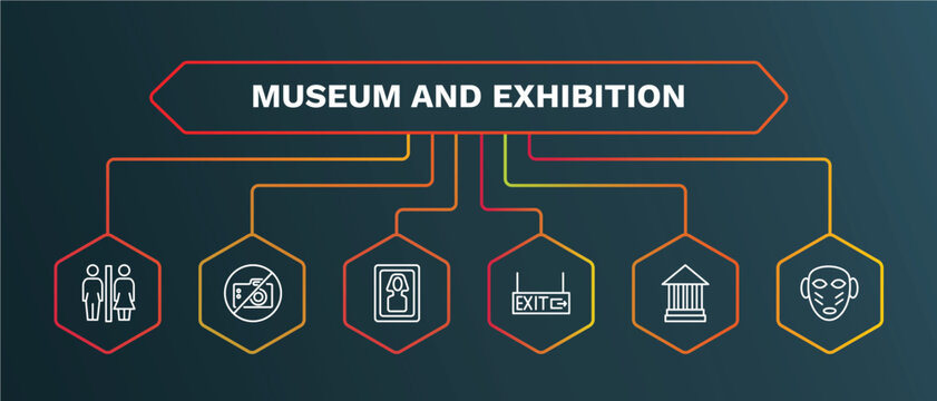 set of museum and exhibition white thin line icons. museum and exhibition outline icons with infographic template. linear icons such as no photo, el greco, exit, modern art, african mask vector.
