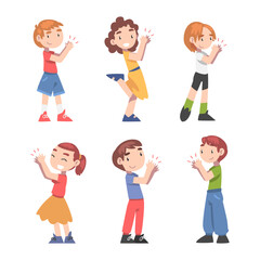 Cute Little Boys and Girls Clapping Their Hands Vector Set