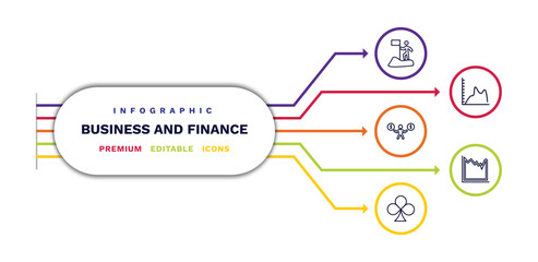 set of business and finance thin line icons. business and finance outline icons with infographic template. linear icons such as man success, man holding a big coin, club card, smooth line chart,