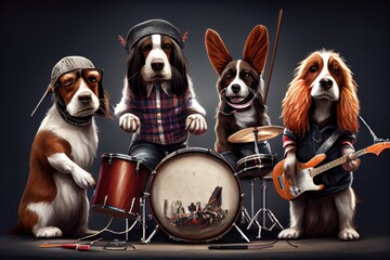rock star dog band members, including an energetic drummer pup and a basset hound with a signature rock bottom., created with generative ai