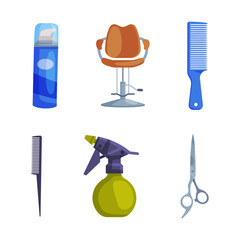 Hairdresser Chair, Shave Gel Bottle, Comb, Spray and Scissors Vector Set