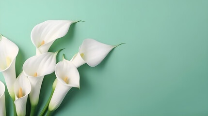 Calla Lilies on green background top view in flat lay style. Greeting for Women or Mothers Day or Summer Sale Banner