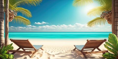 Sunny beach paradise with crystal clear blue waves, Relaxing on a sun lounger with ocean waves crashing, Tropical vacation escape with a stunning coastline, GENERATIVE AI