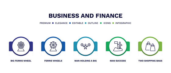 set of business and finance thin line icons. business and finance outline icons with infographic template. linear icons such as big ferris wheel, ferris wheels, man holding a big coin, man success,