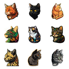 Obraz premium Cat Sticker Flat Icon Set Isolated On White Background