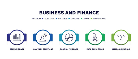 set of business and finance thin line icons. business and finance outline icons with infographic template. linear icons such as column chart, man with solutions, portion pie chart, euro coins stack,